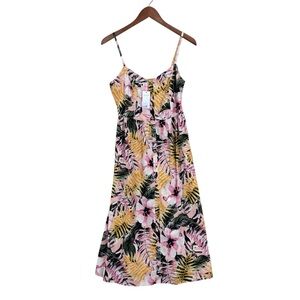 New LASCANA Dress Button Panel Midi Linen Blend Tropical Print Summer